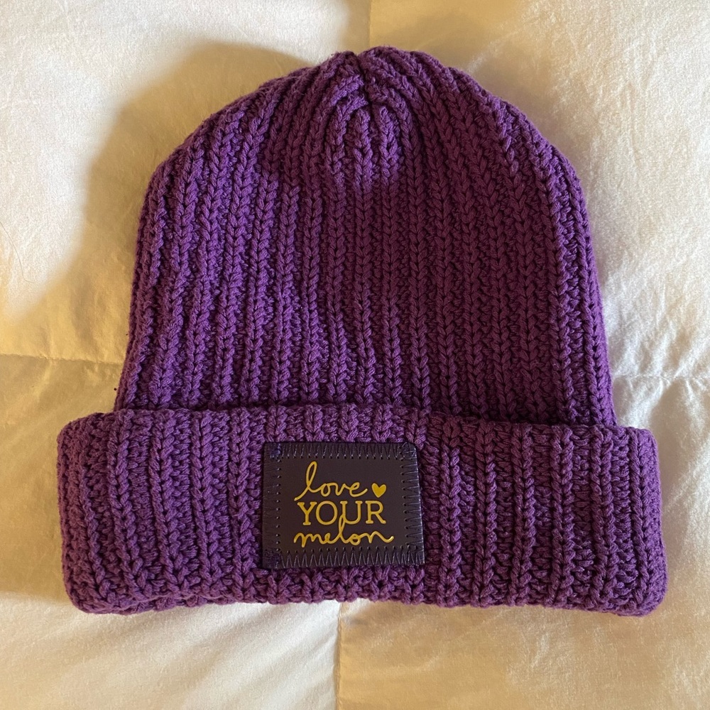 Love Your Melon purple and gold beanie
